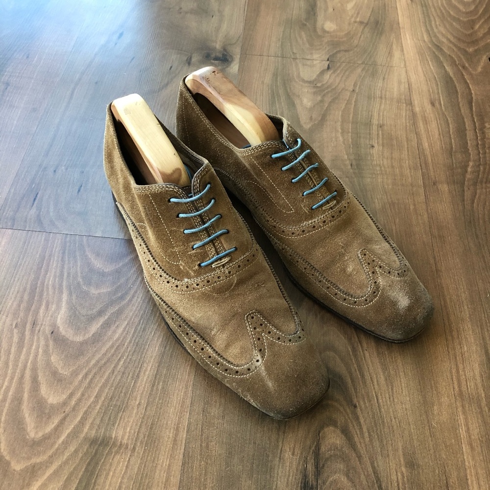 Ferragamo Tan Suede Shoes w/Blue Laces